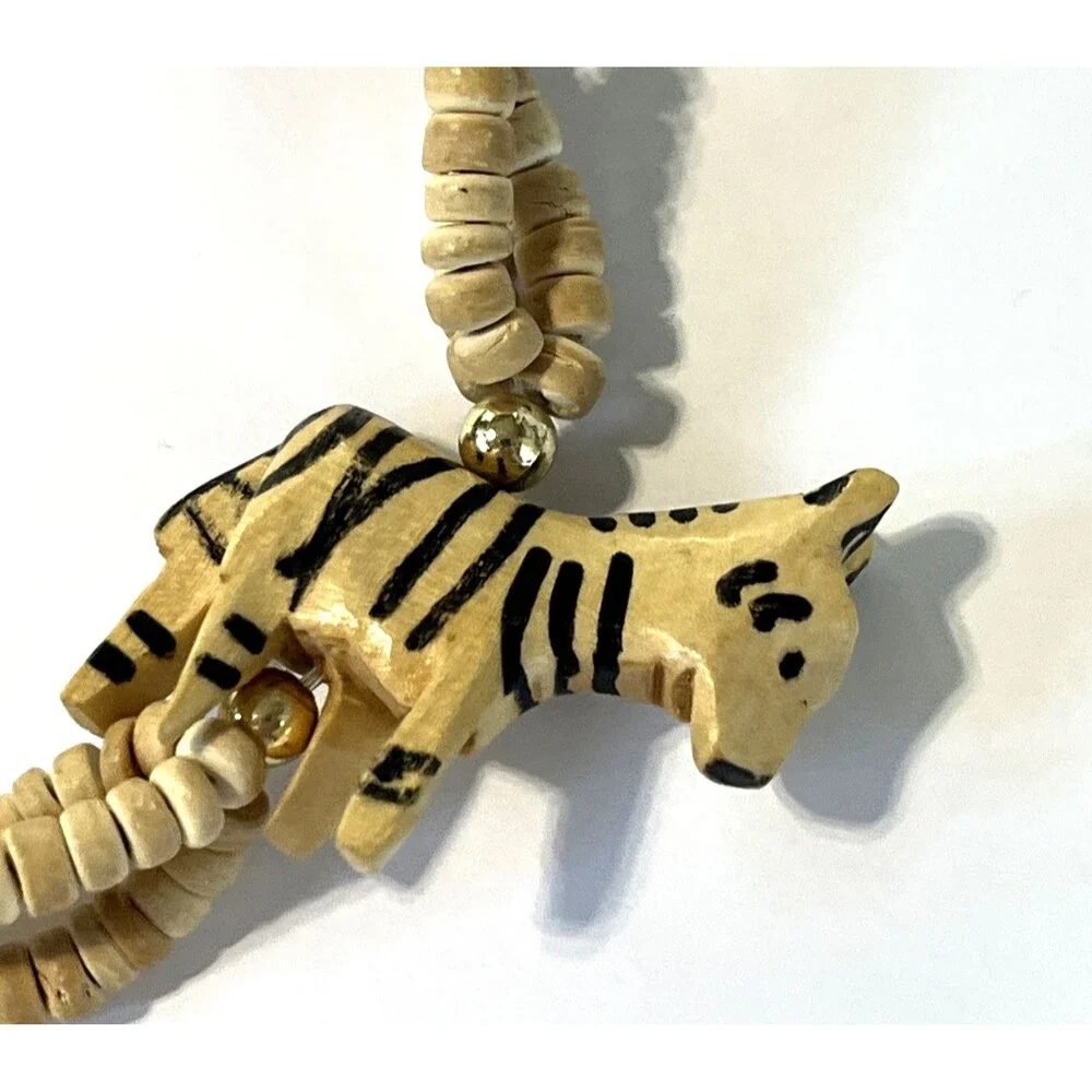 VTG Zebra Necklace Bovine Bone Hand-Carved Painted Safari Beaded Multi-Strand